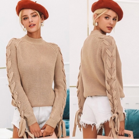 Sweaters - Boho taupe lace up sleeve knit sweater